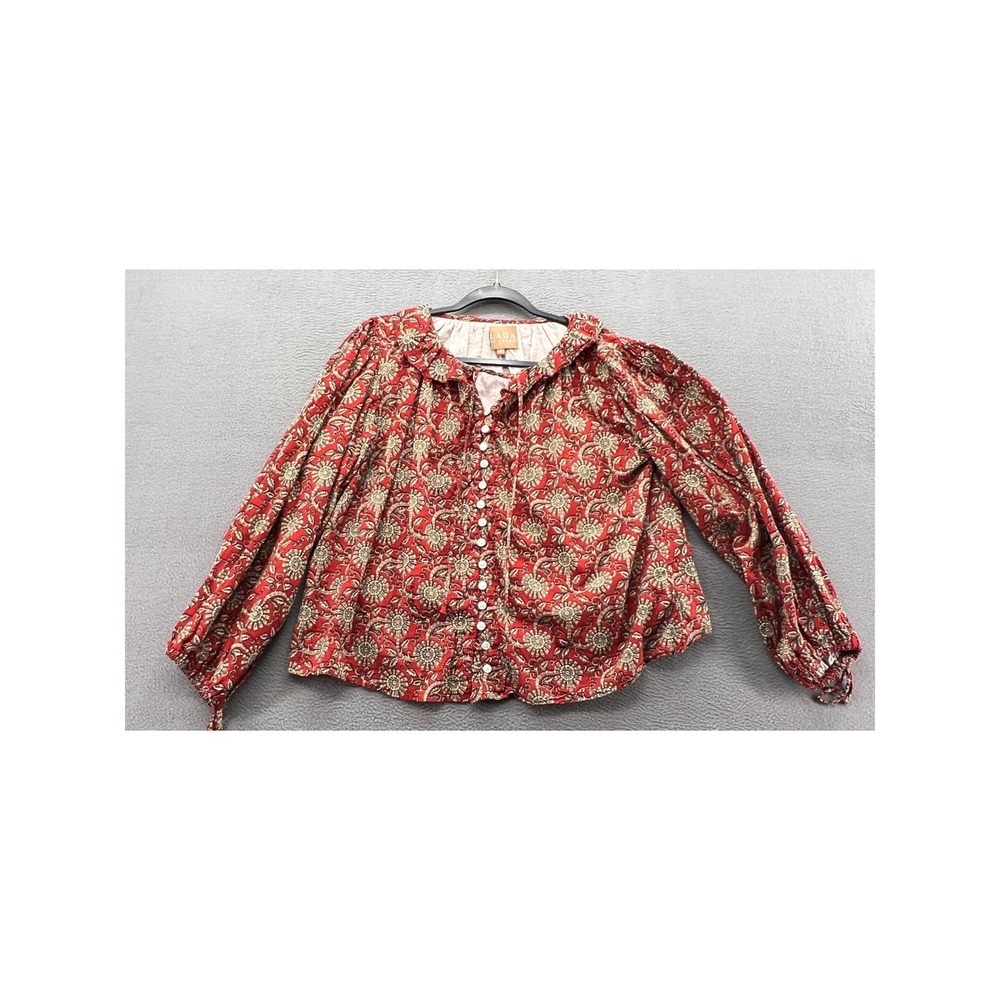 Clara The Label Blouse Red Floral Block Print Ruffle Collar L Long Slv Tie Cuff